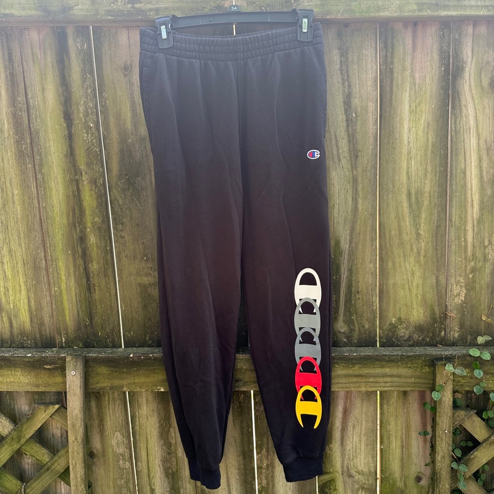 Champion Kids Black Fleece Jogger Sweatpants Multi Color Stacked C Logo Sz Large